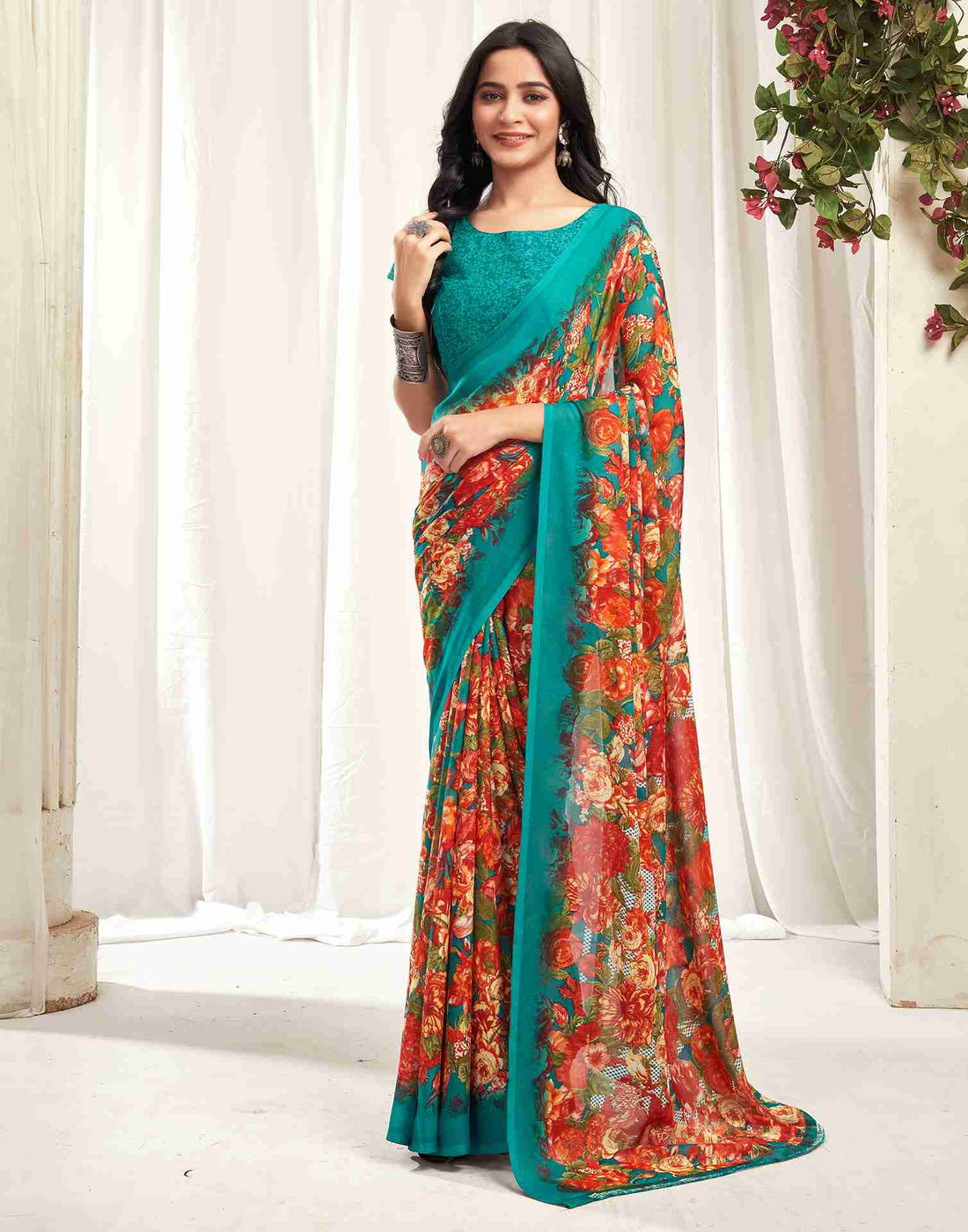 Teal Green Georgette Printed Saree