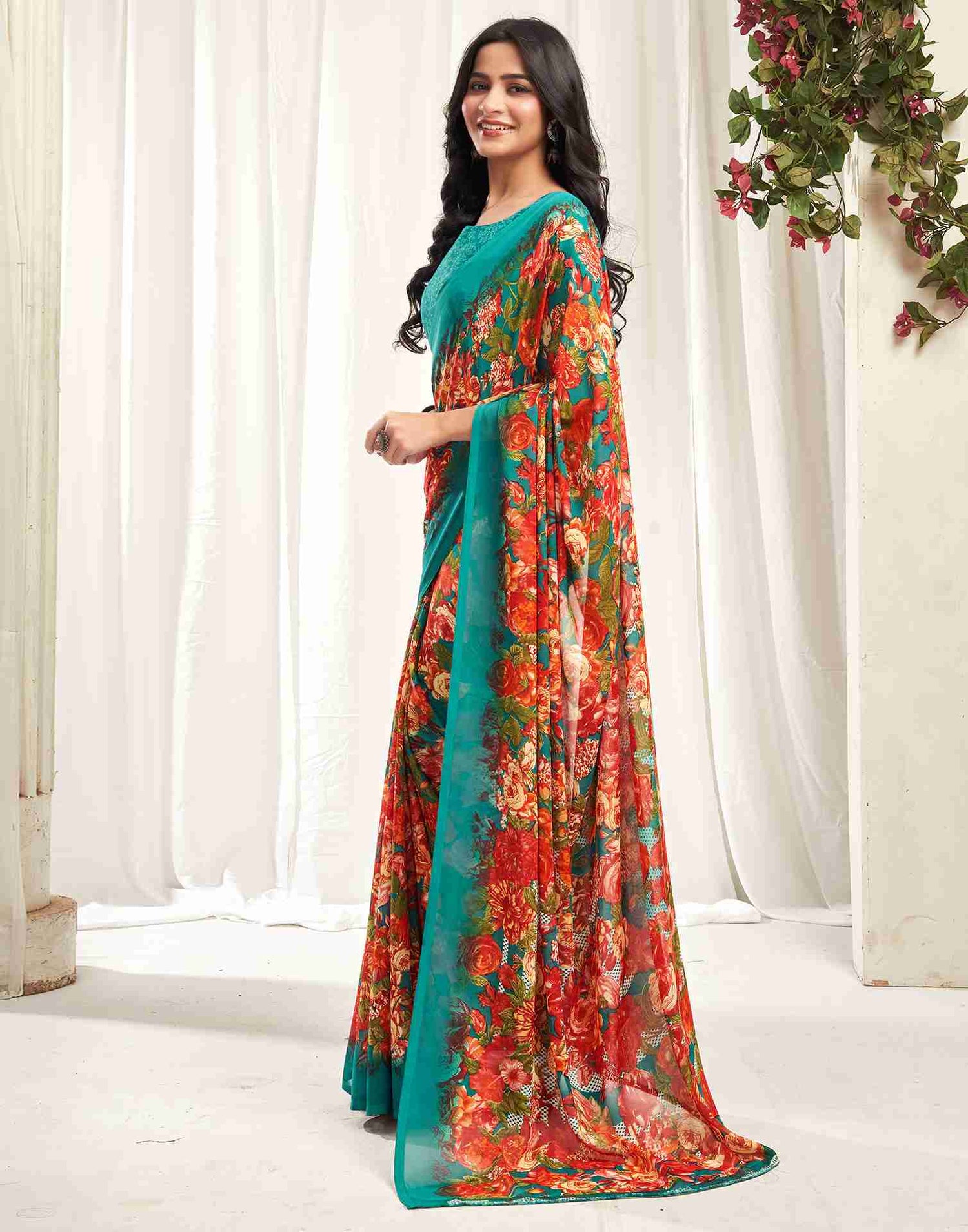 Teal Green Georgette Printed Saree