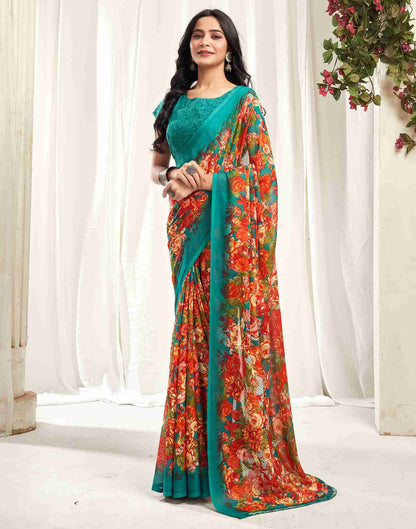 Teal Green Georgette Printed Saree