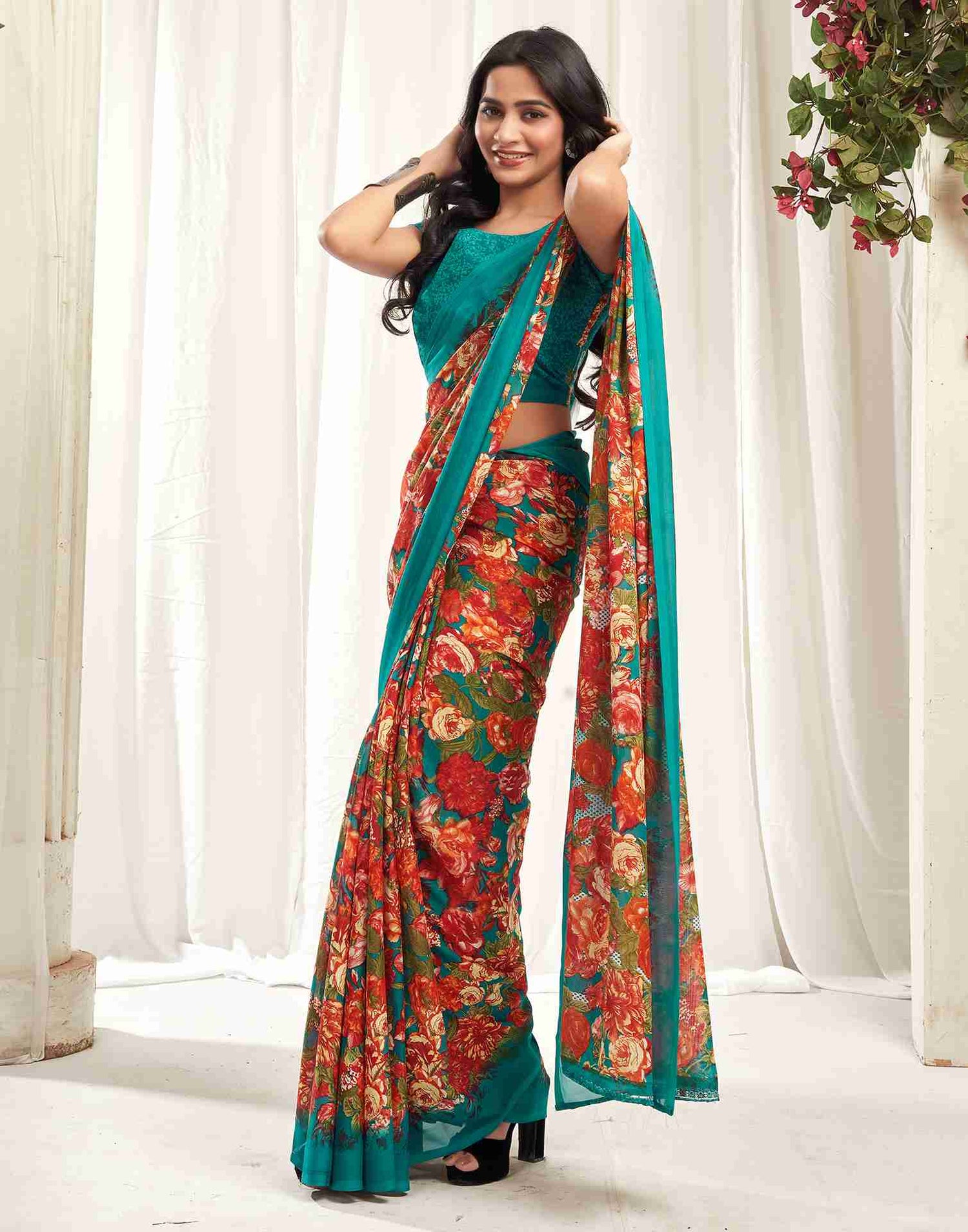 Teal Green Georgette Printed Saree