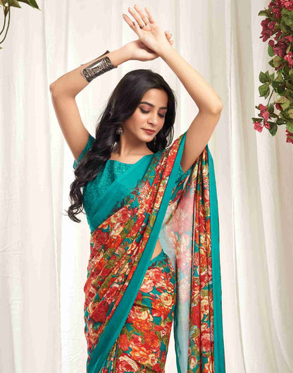 Teal Green Georgette Printed Saree