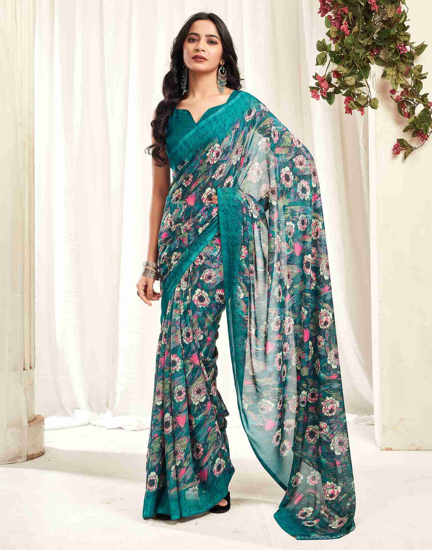 Rama Green Georgette Printed Saree