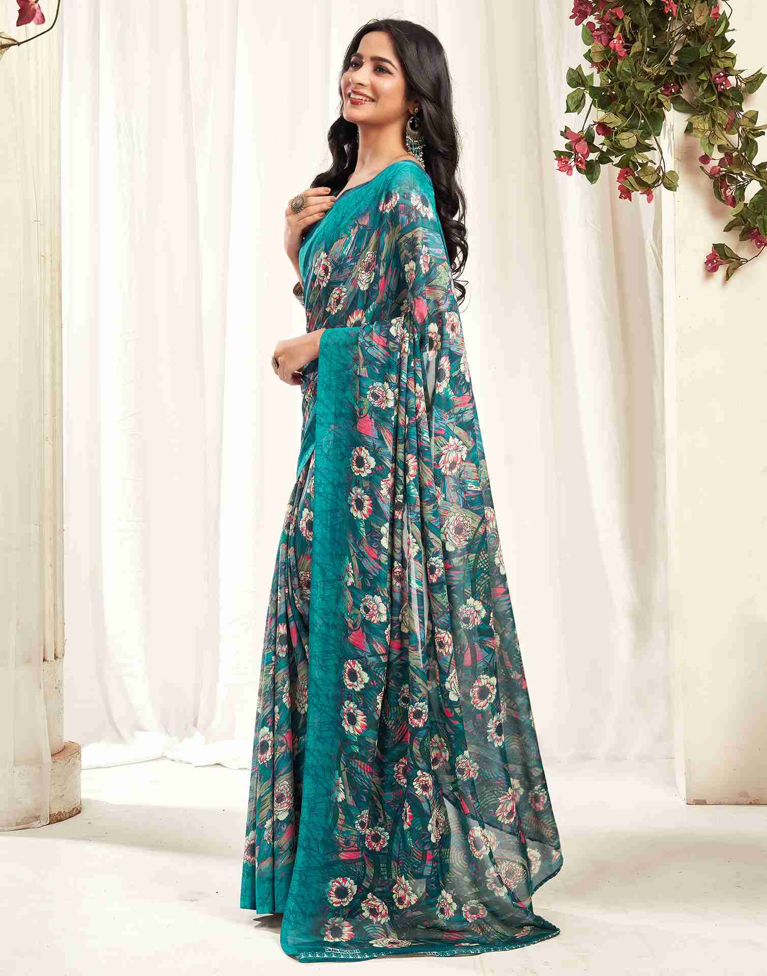 Rama Green Georgette Printed Saree