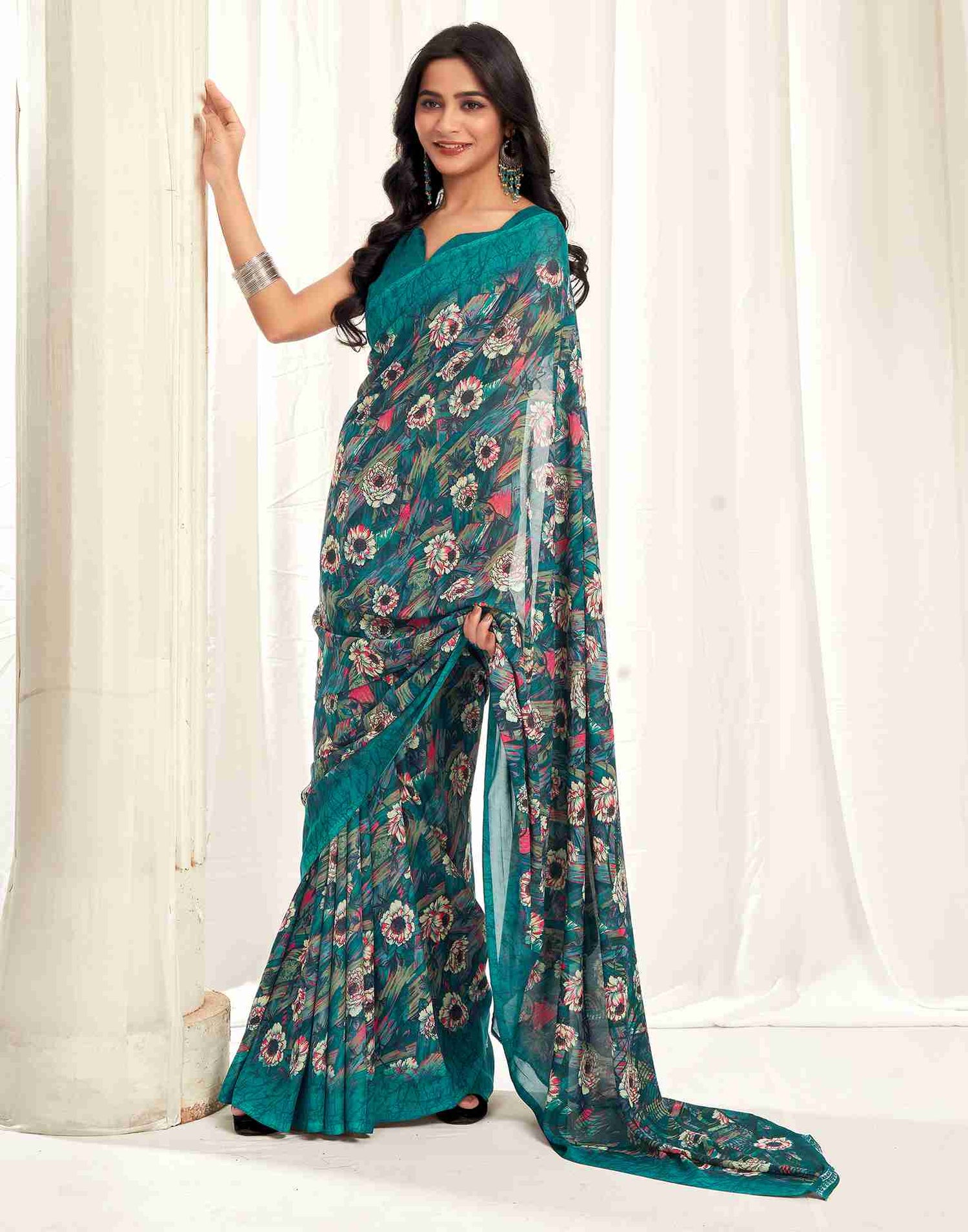 Rama Green Georgette Printed Saree