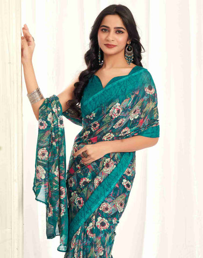 Rama Green Georgette Printed Saree