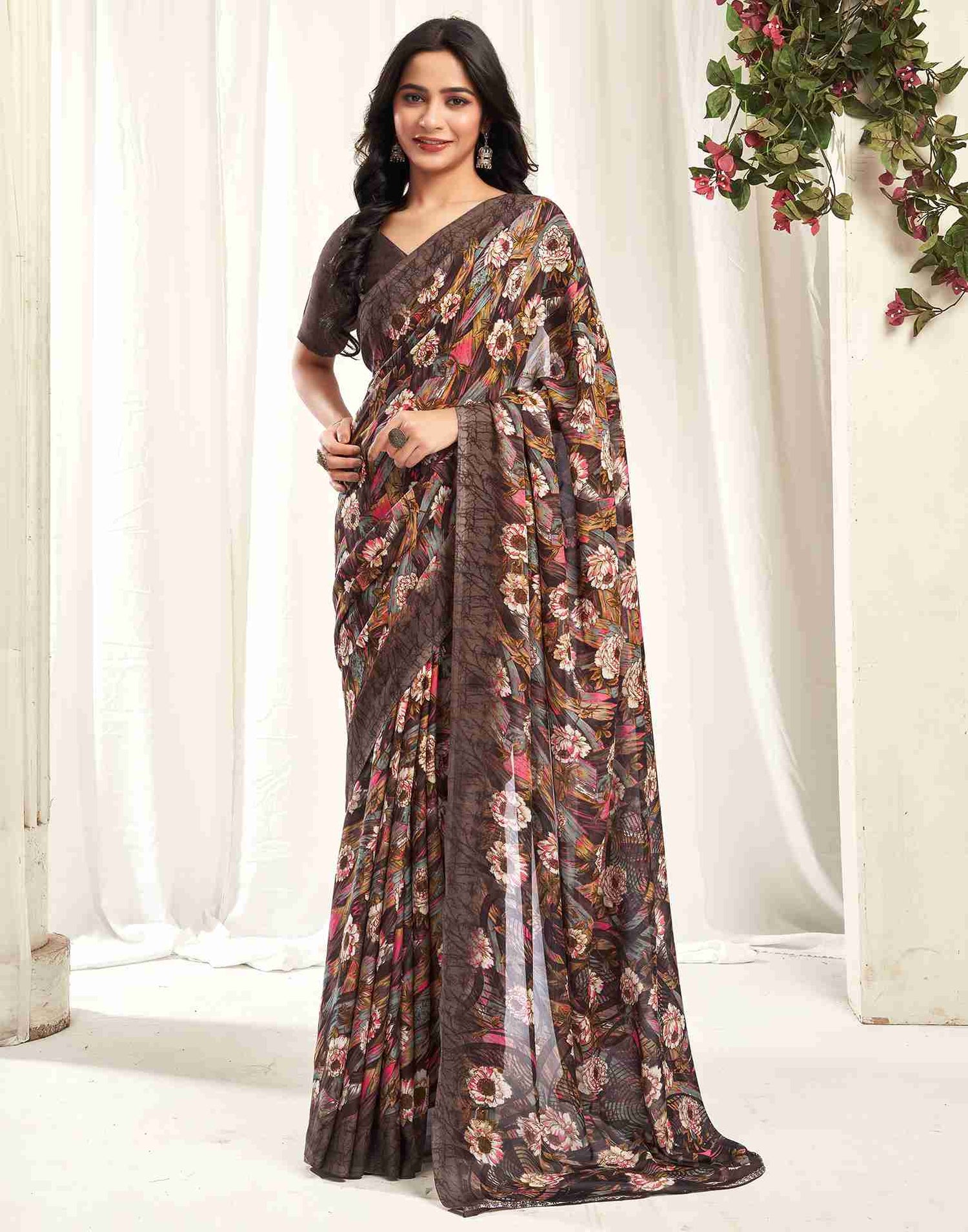 Brown Georgette Printed Saree