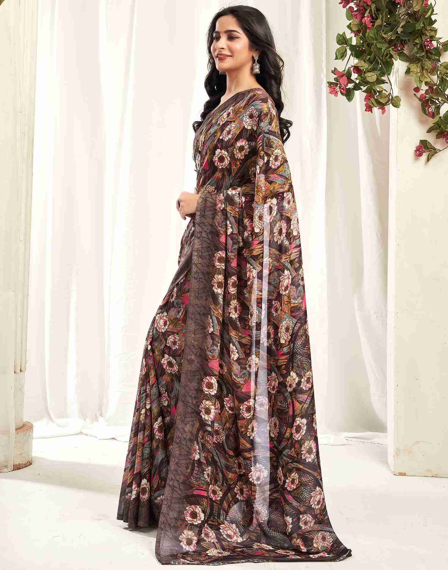 Brown Georgette Printed Saree