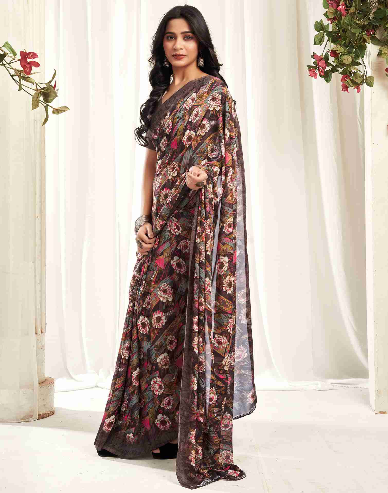 Brown Georgette Printed Saree