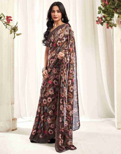 Brown Georgette Printed Saree