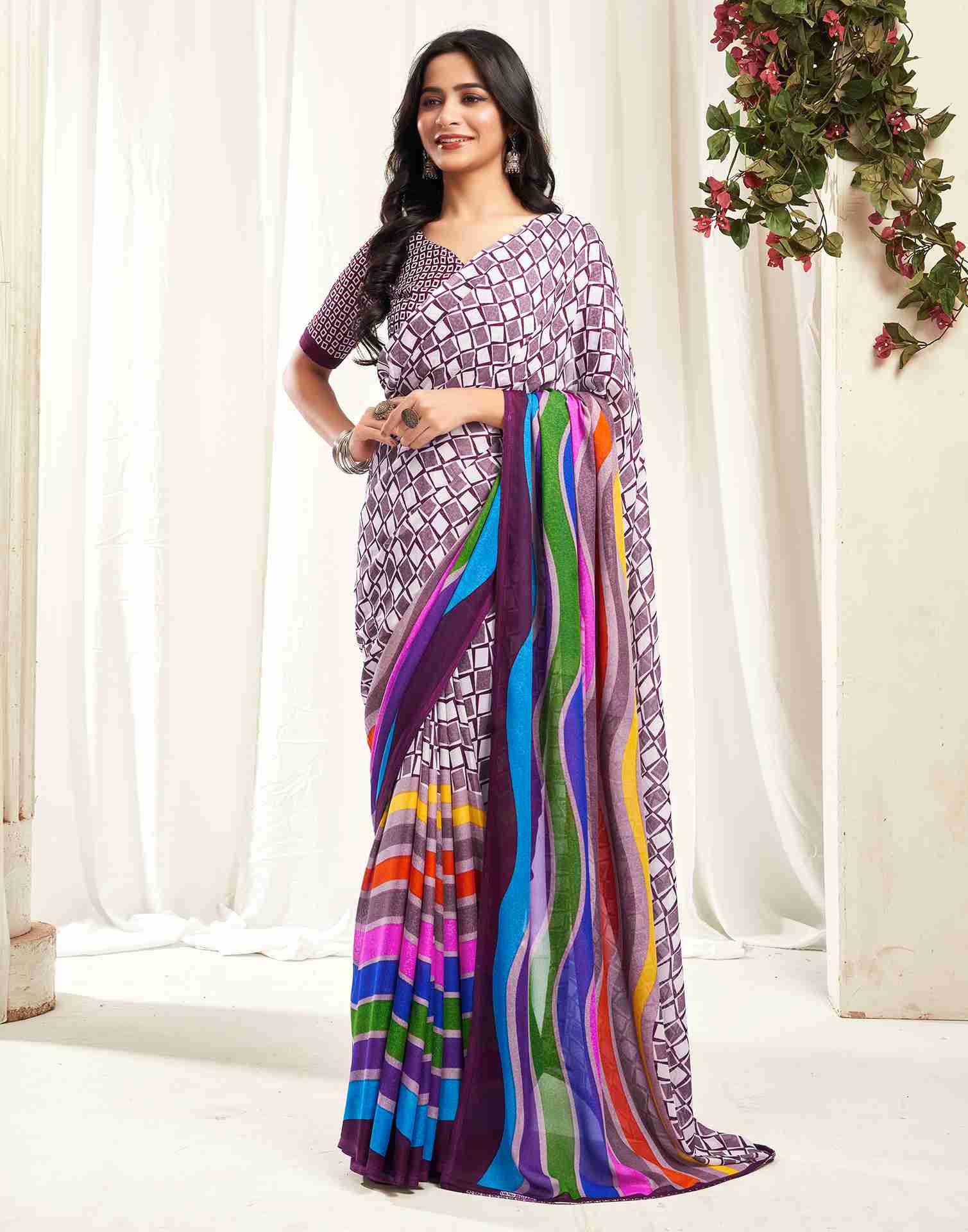 Wine Georgette Geometric Printed Saree