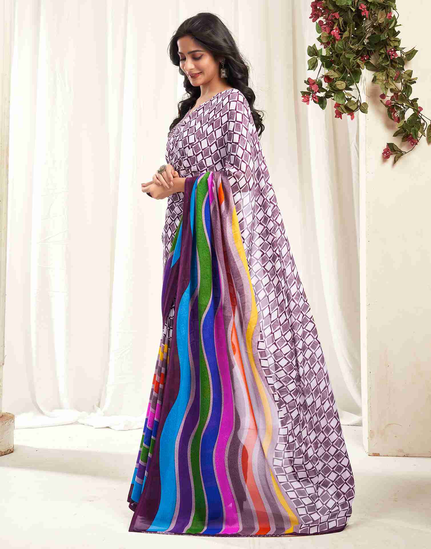 Wine Georgette Geometric Printed Saree