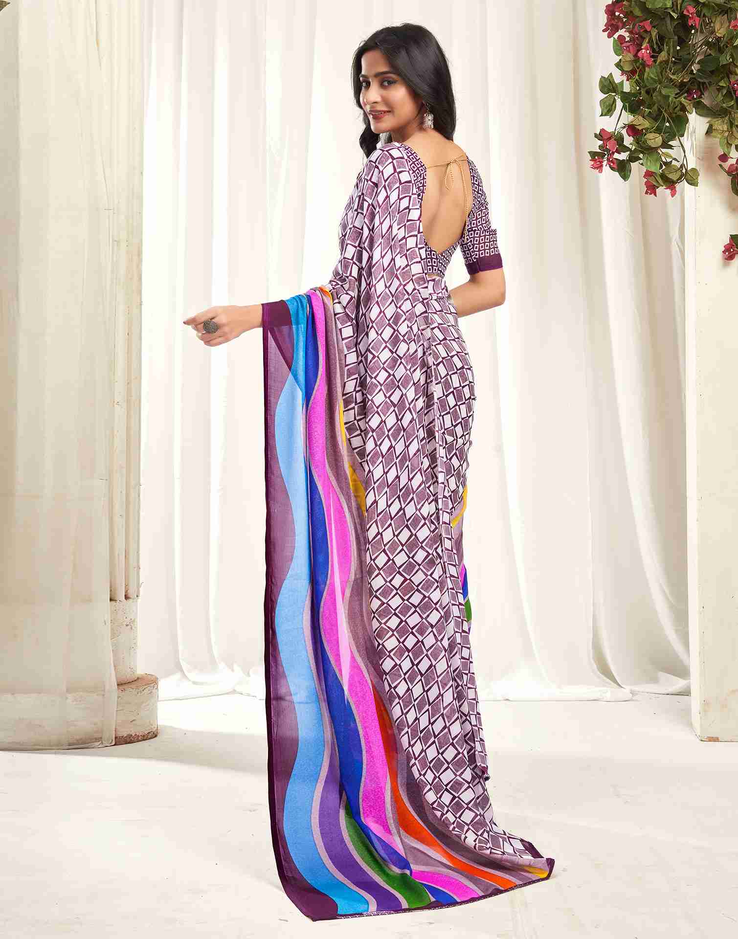 Wine Georgette Geometric Printed Saree