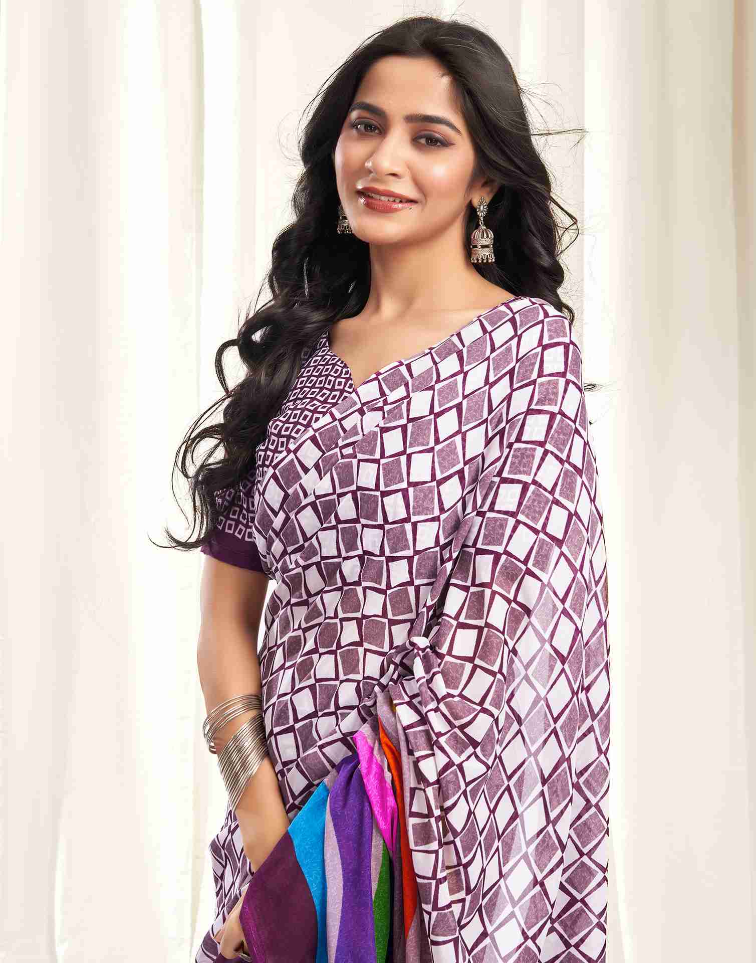 Wine Georgette Geometric Printed Saree