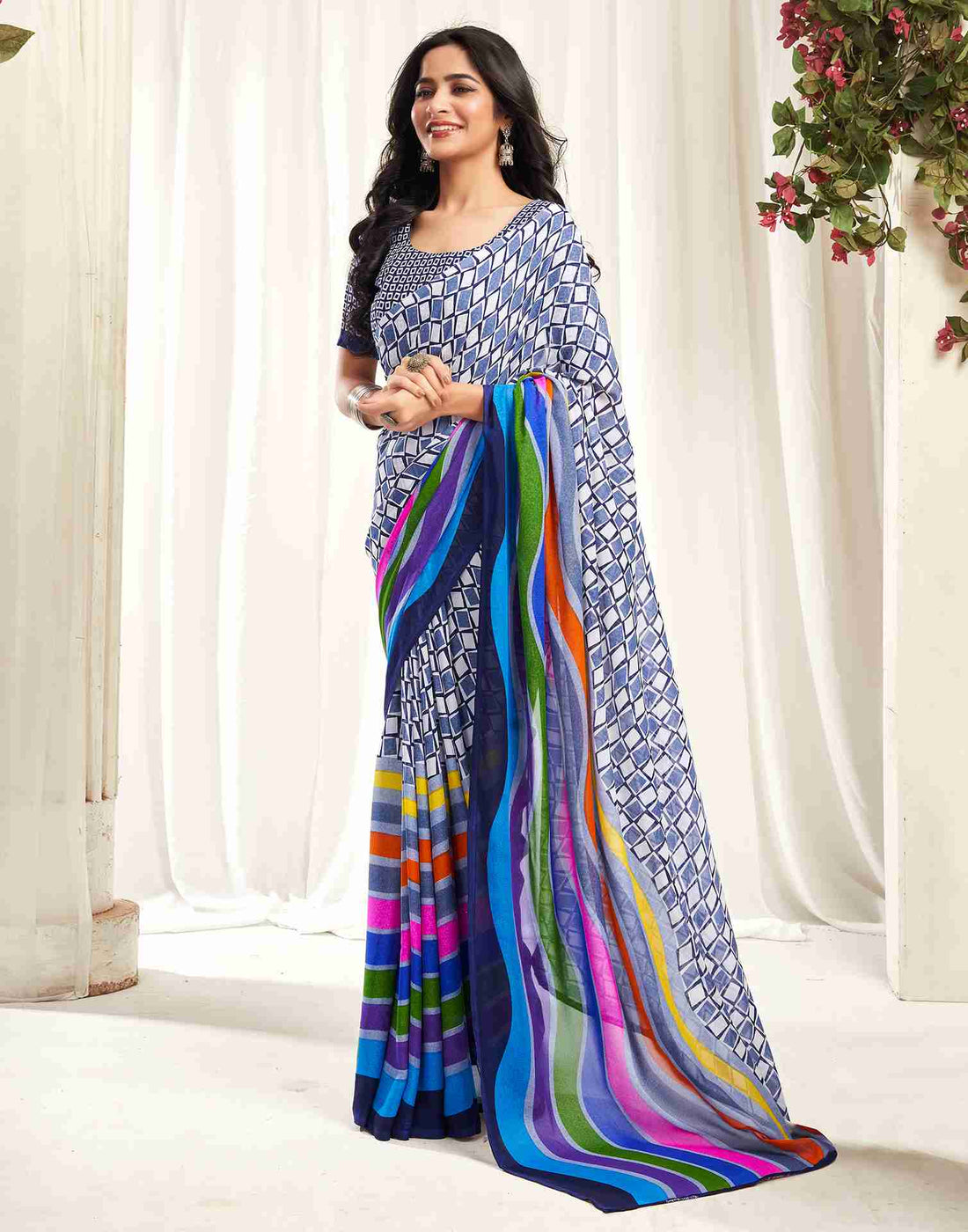 Navy Blue Georgette Geometric Printed Saree