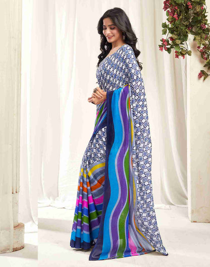 Navy Blue Georgette Geometric Printed Saree