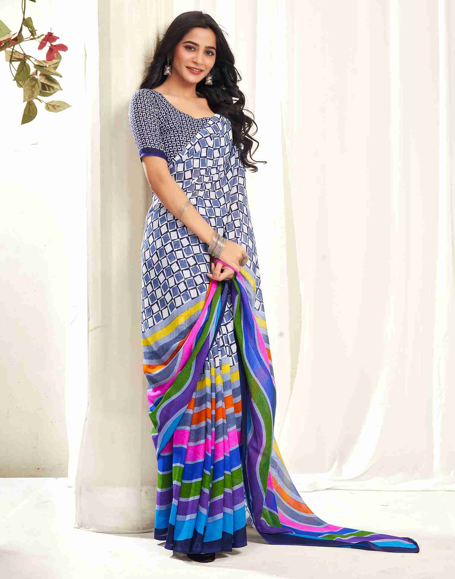 Navy Blue Georgette Geometric Printed Saree