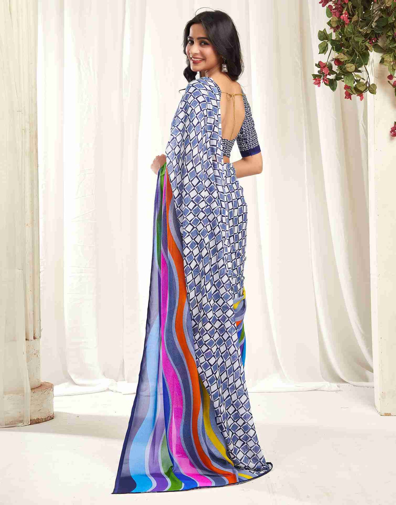 Navy Blue Georgette Geometric Printed Saree