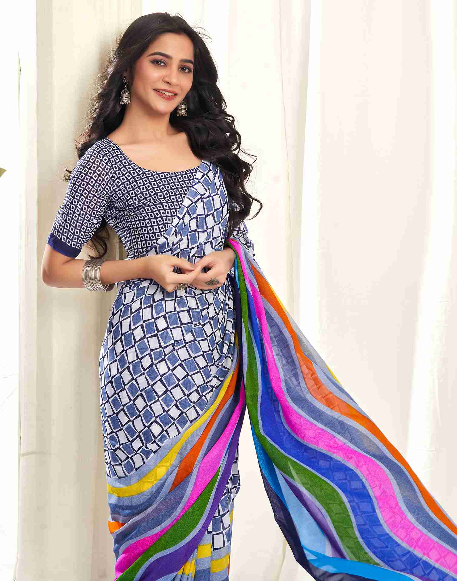 Navy Blue Georgette Geometric Printed Saree