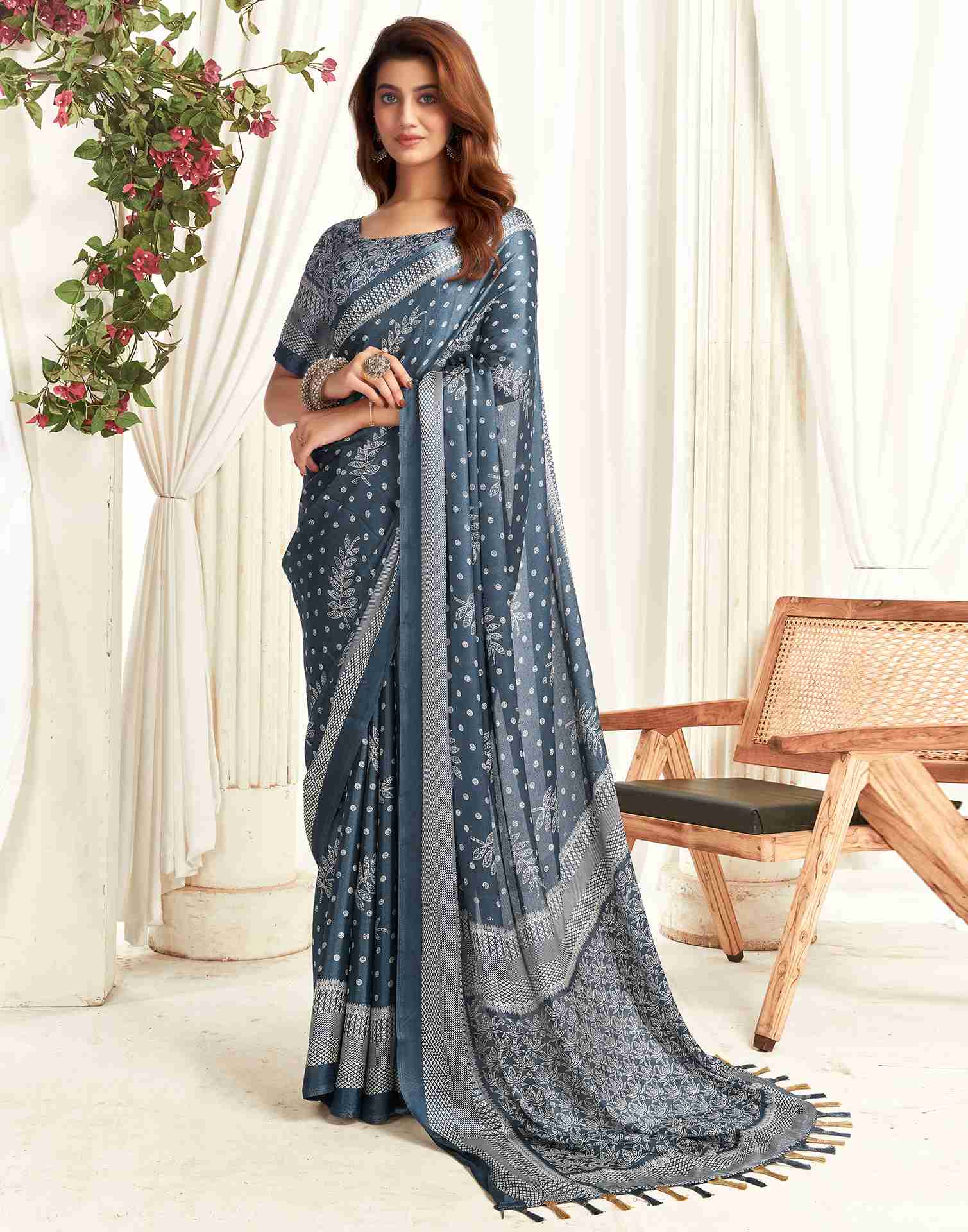 Steel Grey Georgette Printed Saree