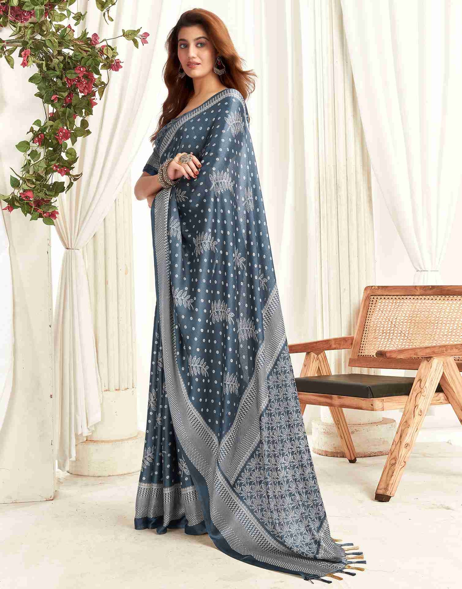 Steel Grey Georgette Printed Saree