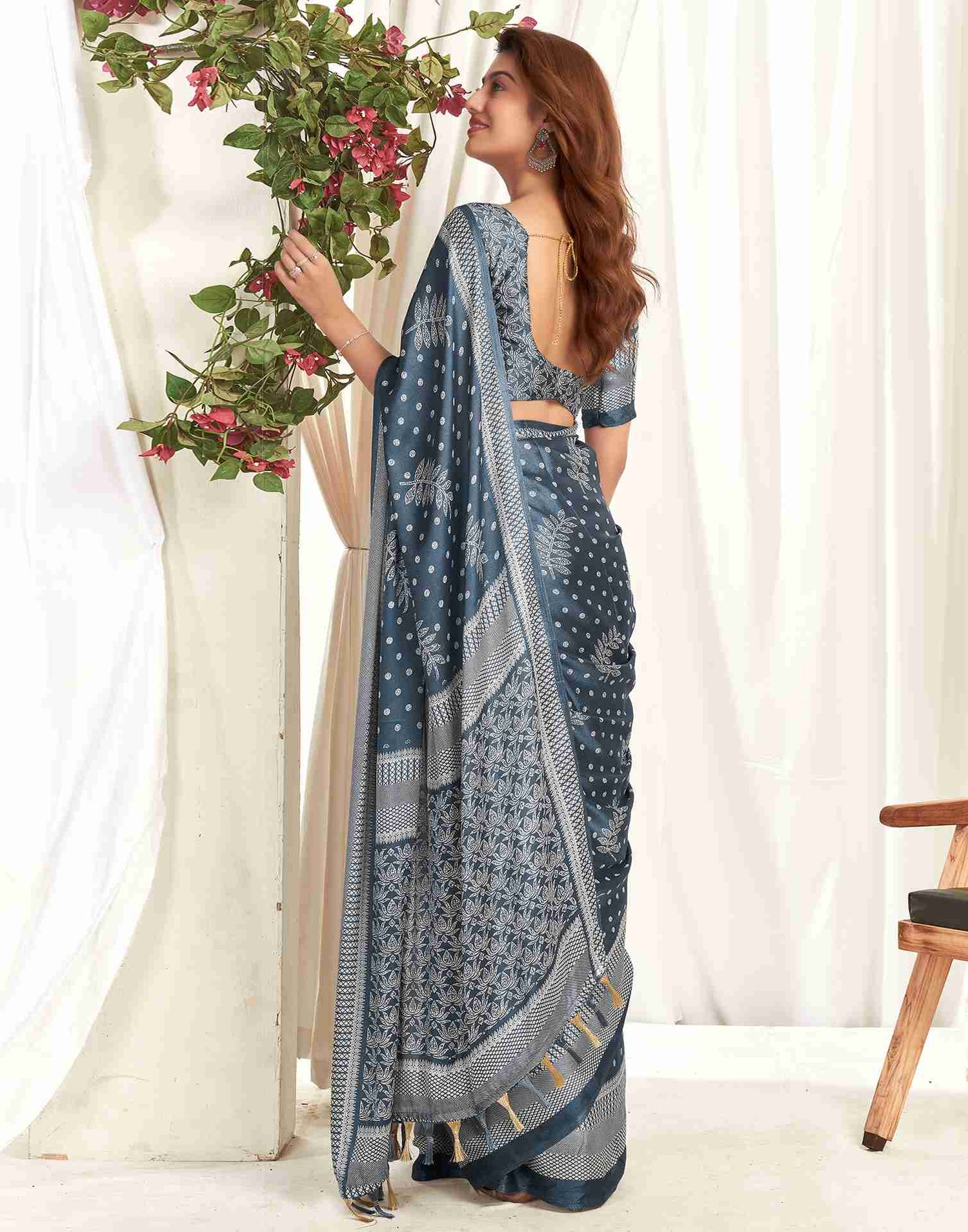 Steel Grey Georgette Printed Saree