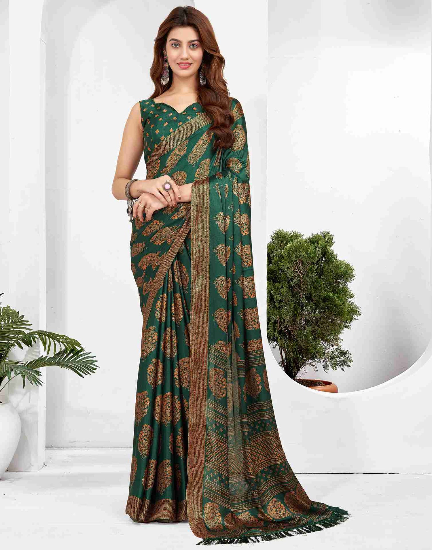 Dark Green Georgette Printed Saree