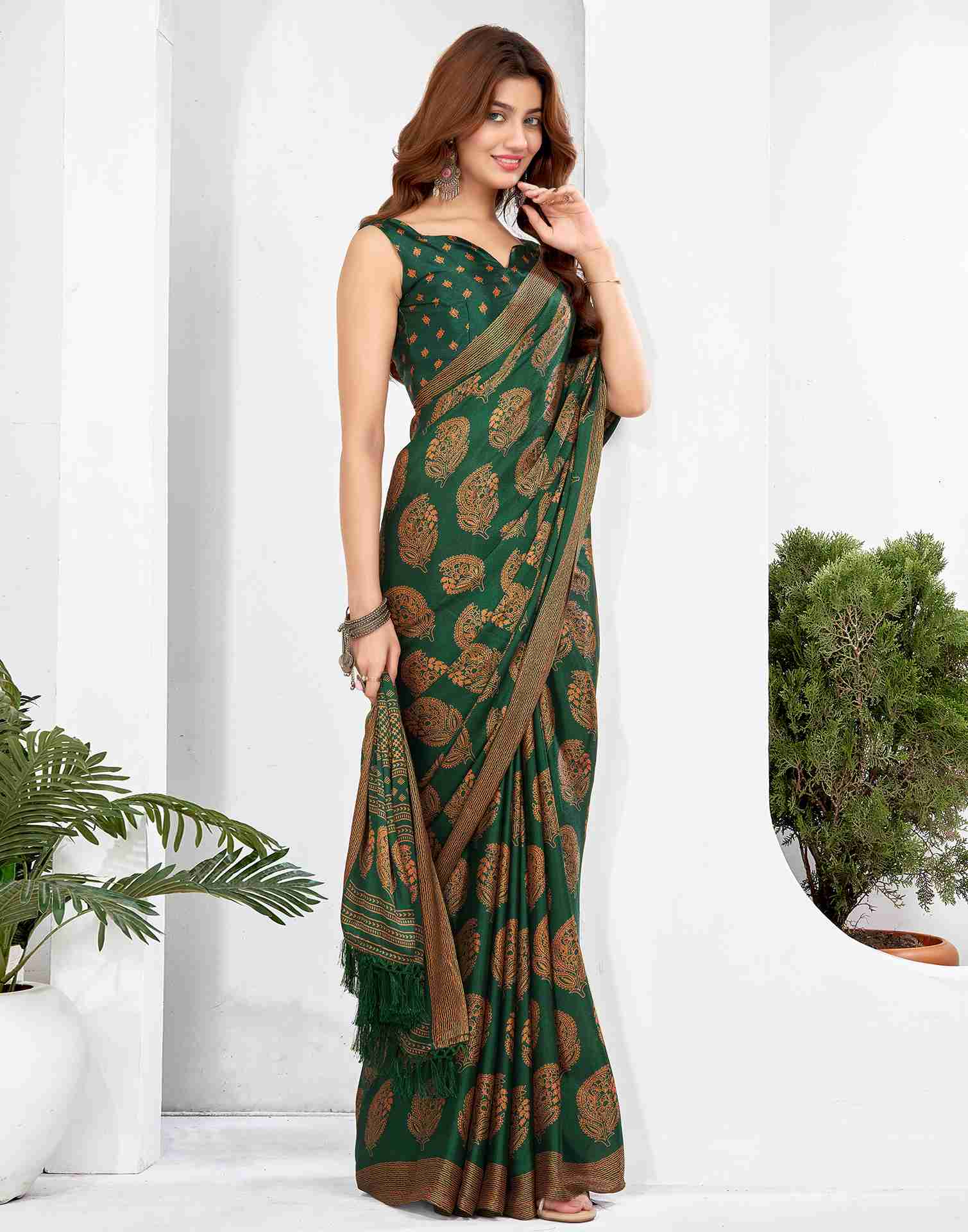 Dark Green Georgette Printed Saree