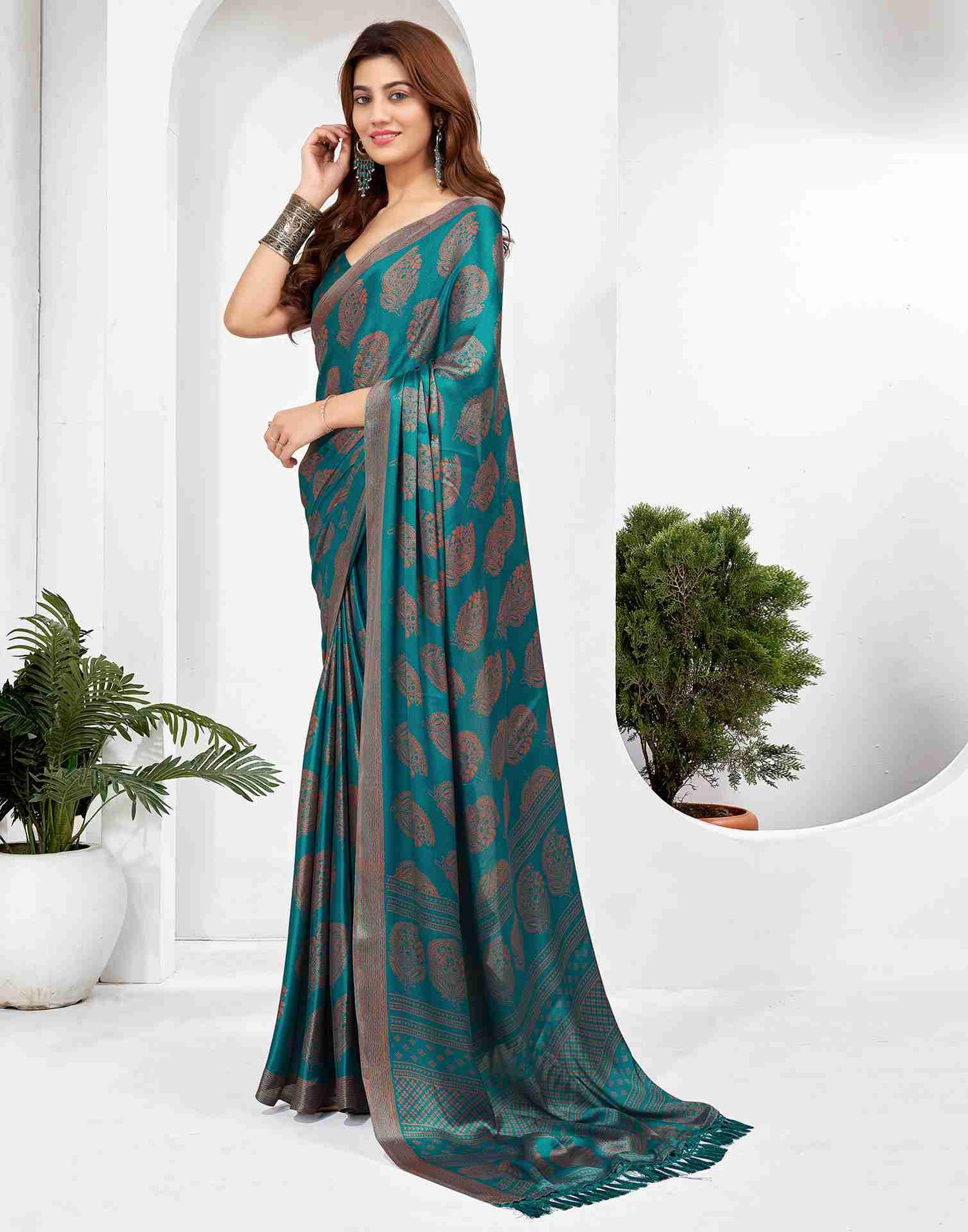 Teal Blue Georgette Printed Saree