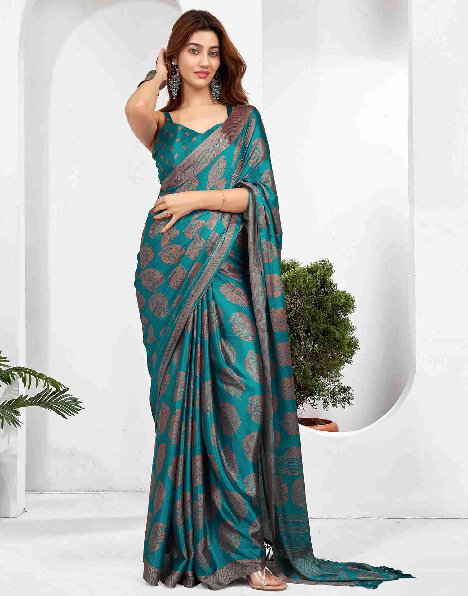 Teal Blue Georgette Printed Saree