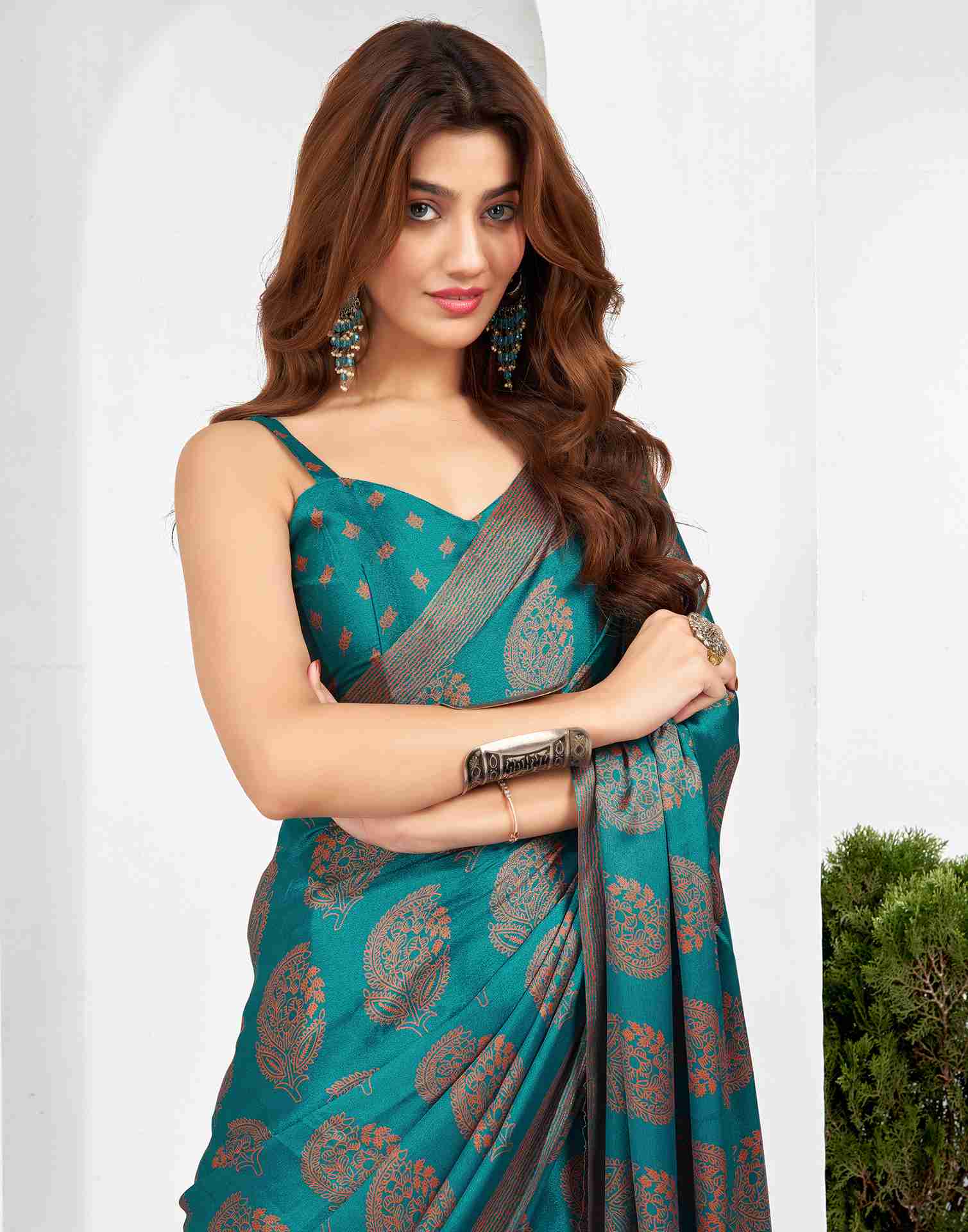 Teal Blue Georgette Printed Saree