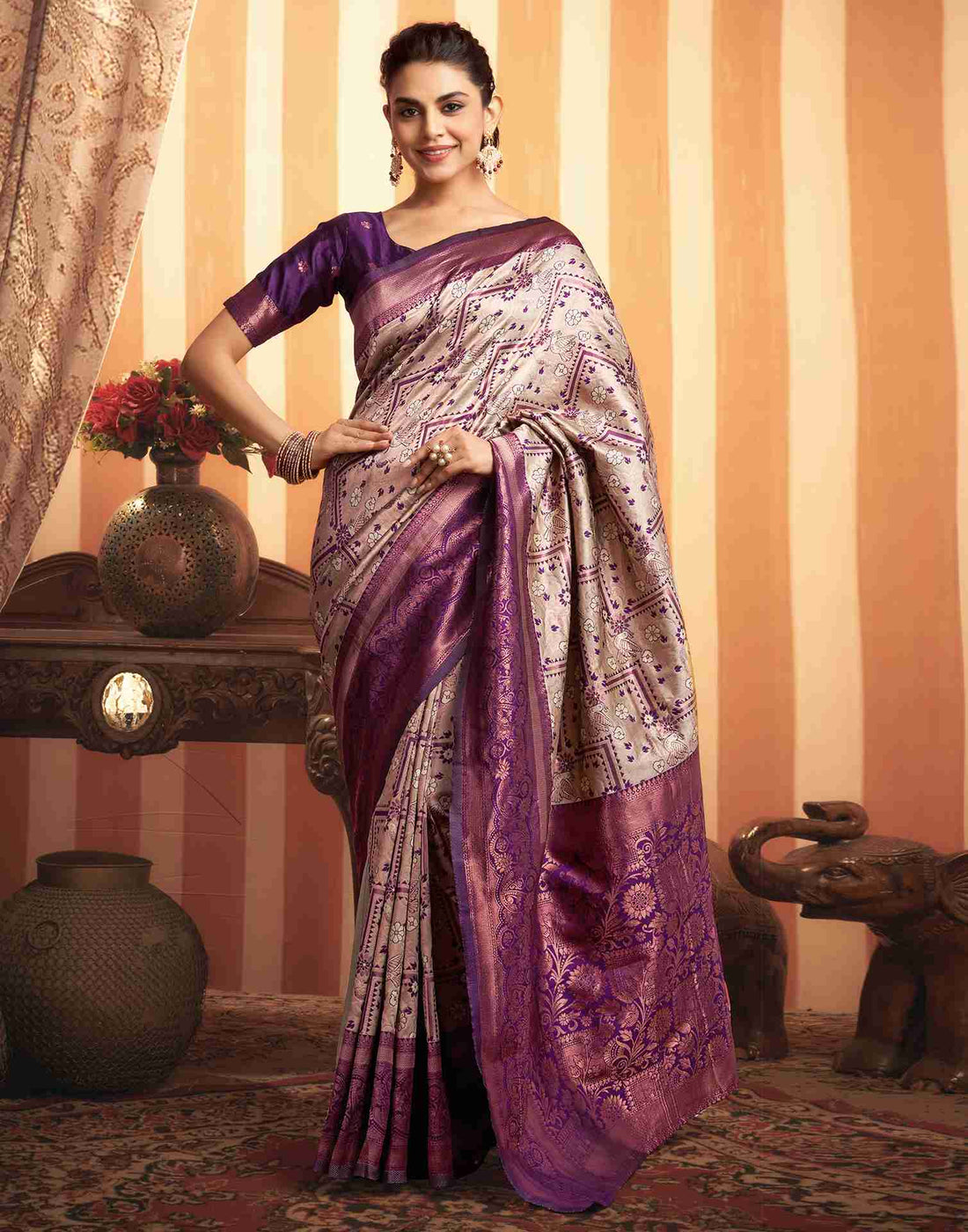 Beige Silk Woven Banarasi Saree