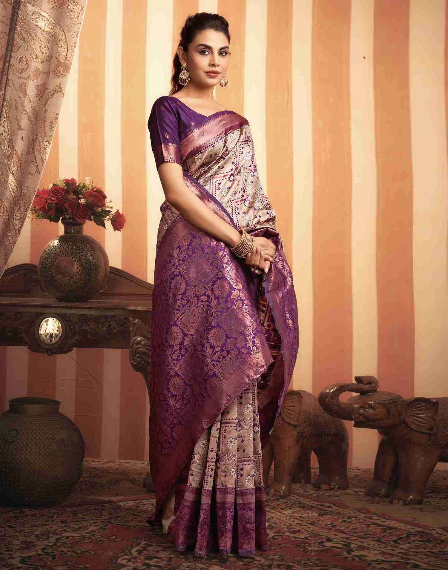 Beige Silk Woven Banarasi Saree