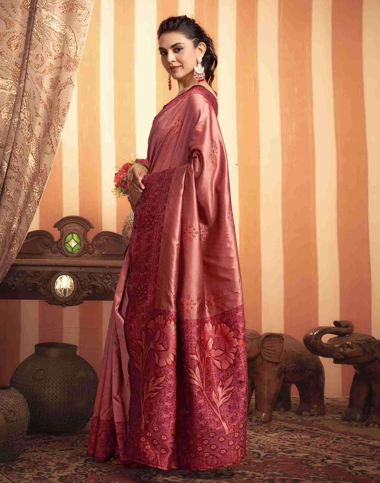 Salmon Pink Silk Woven Banarasi Saree