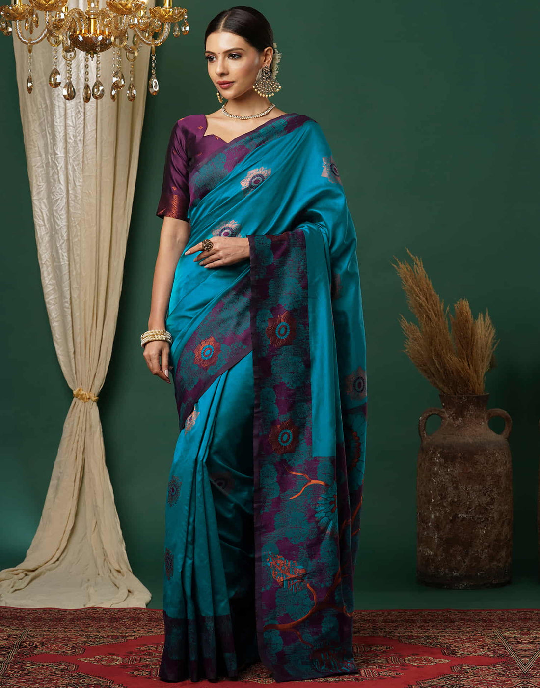 Teal Blue Silk Woven Banarasi Saree