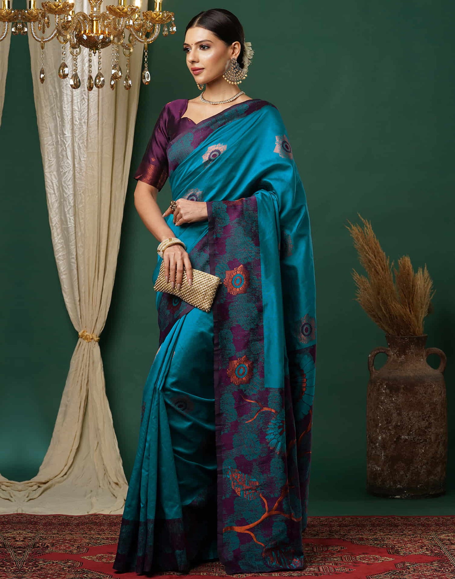 Teal Blue Silk Woven Banarasi Saree