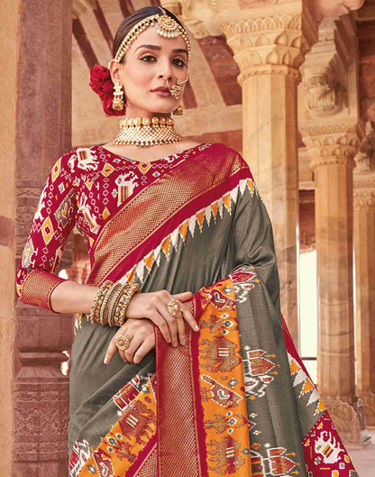 Stone Grey Silk Printed Patola Saree