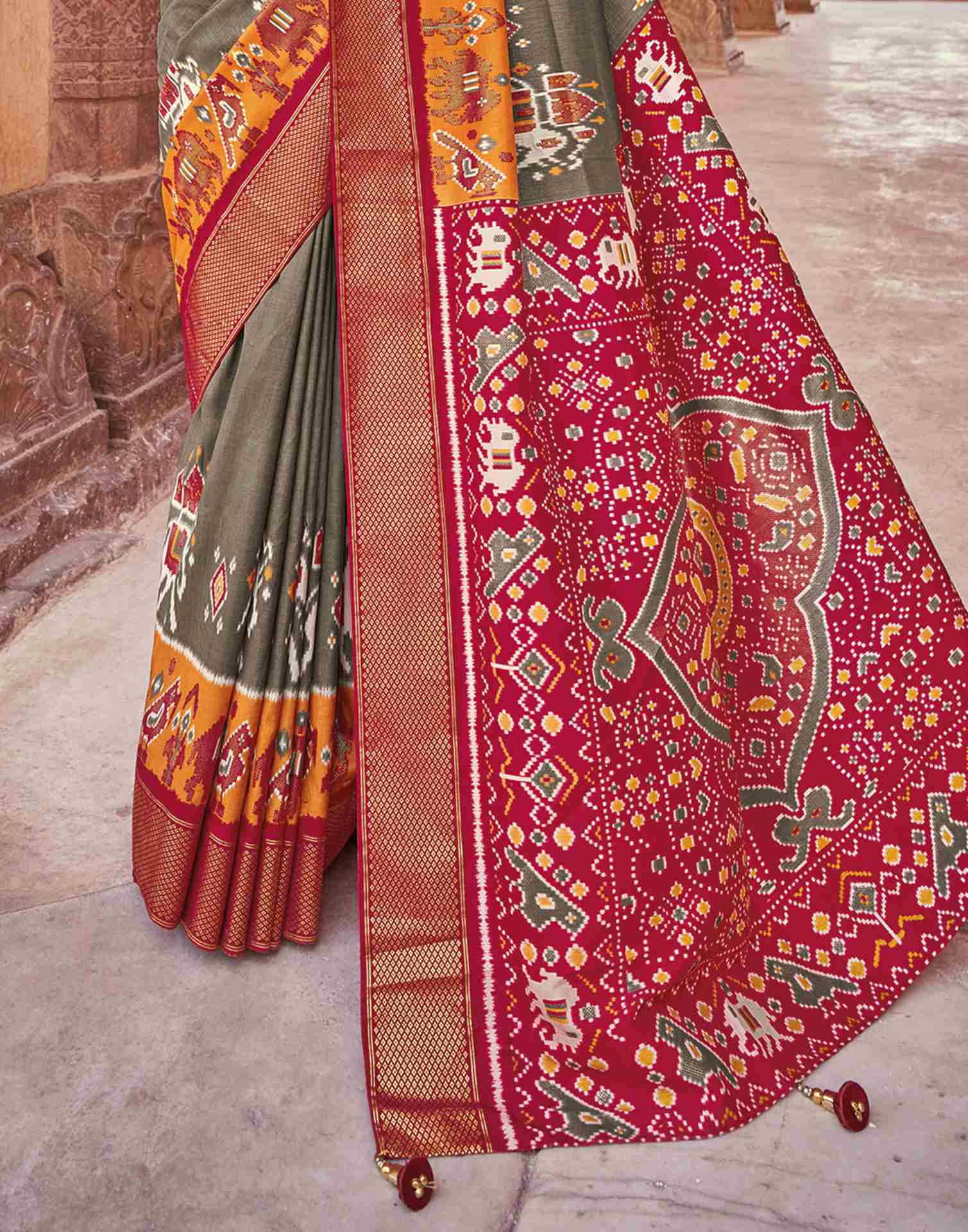 Stone Grey Silk Printed Patola Saree