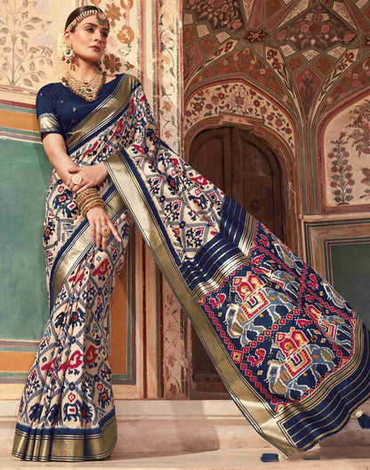 Cream Silk Printed Patola Saree