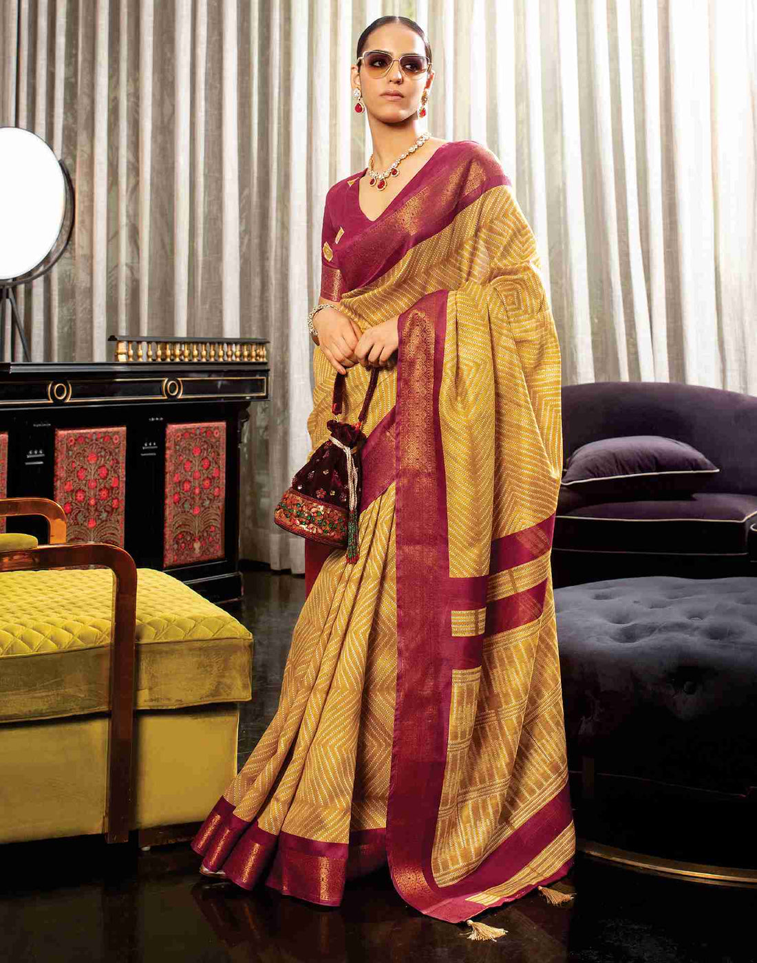 Mustard Yellow Cotton Woven Printed Saree