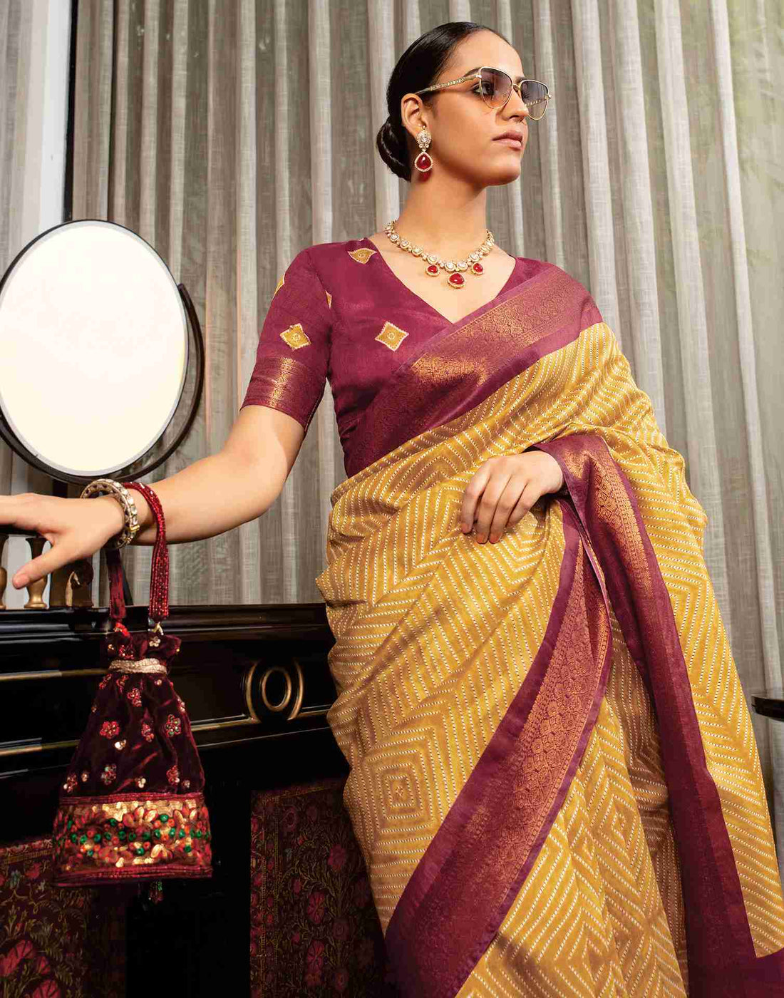 Mustard Yellow Cotton Woven Printed Saree