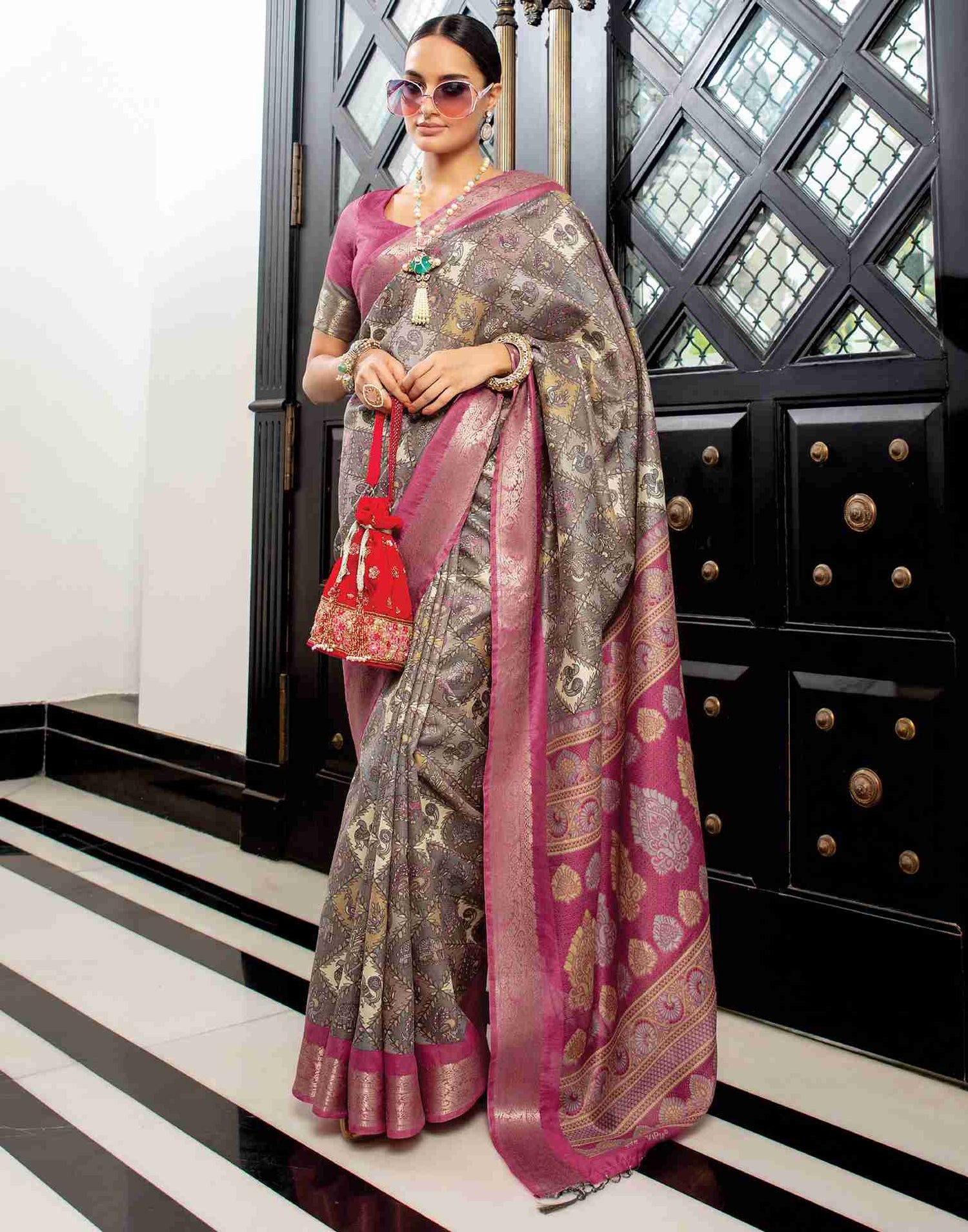 Grey Cotton Woven Printed Saree