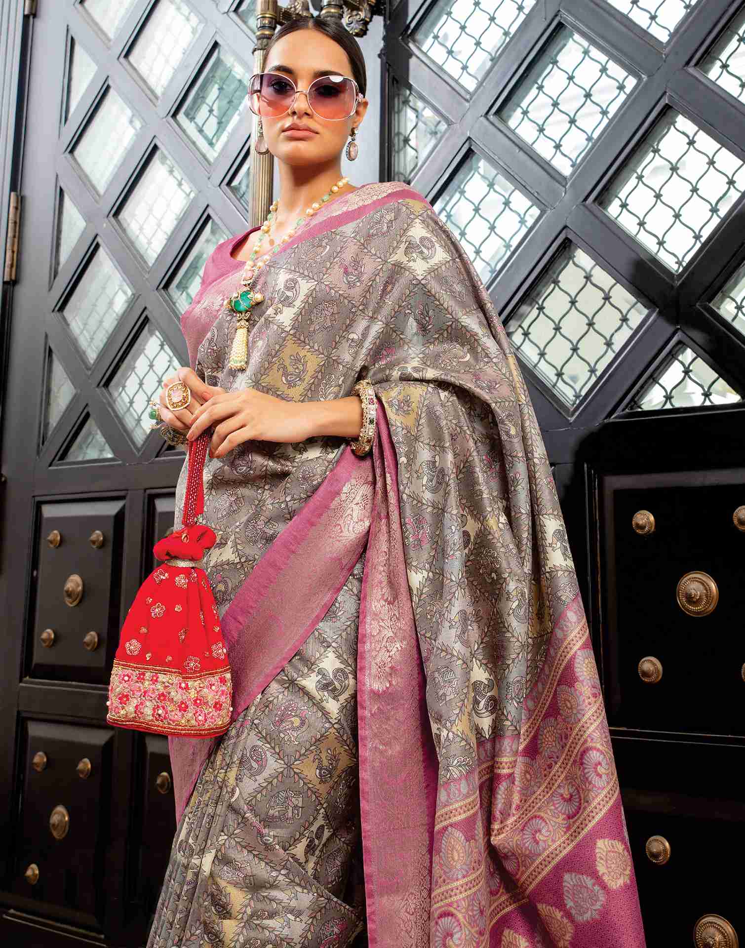 Grey Cotton Woven Printed Saree