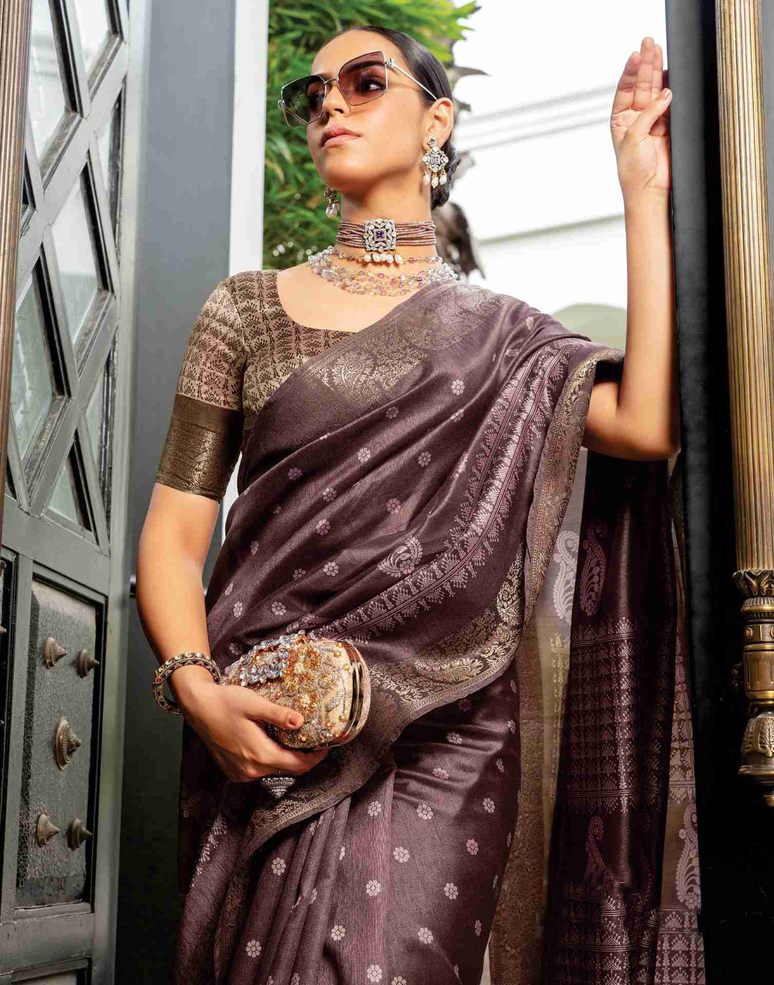 Brown Cotton Woven Printed Saree