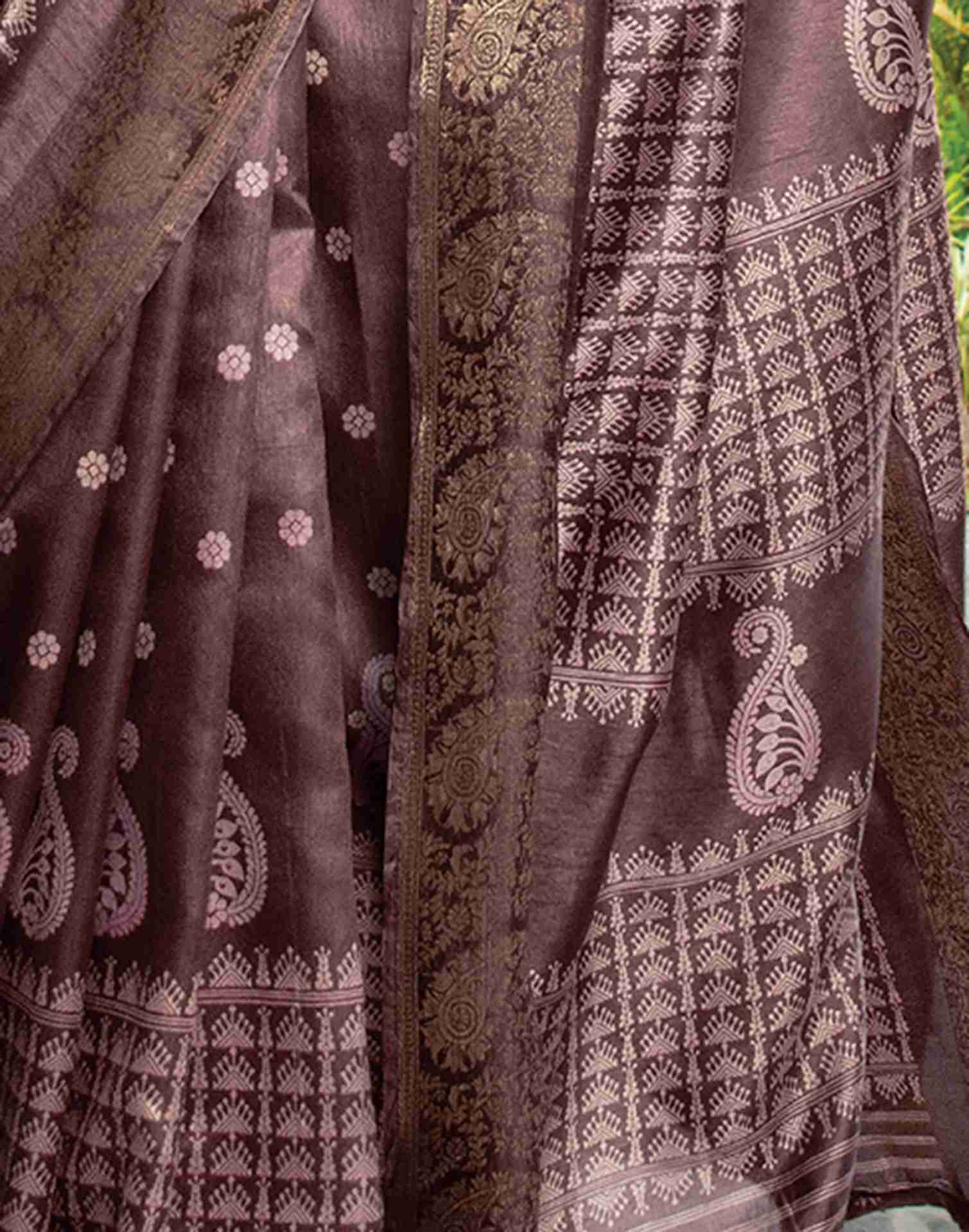 Brown Cotton Woven Printed Saree