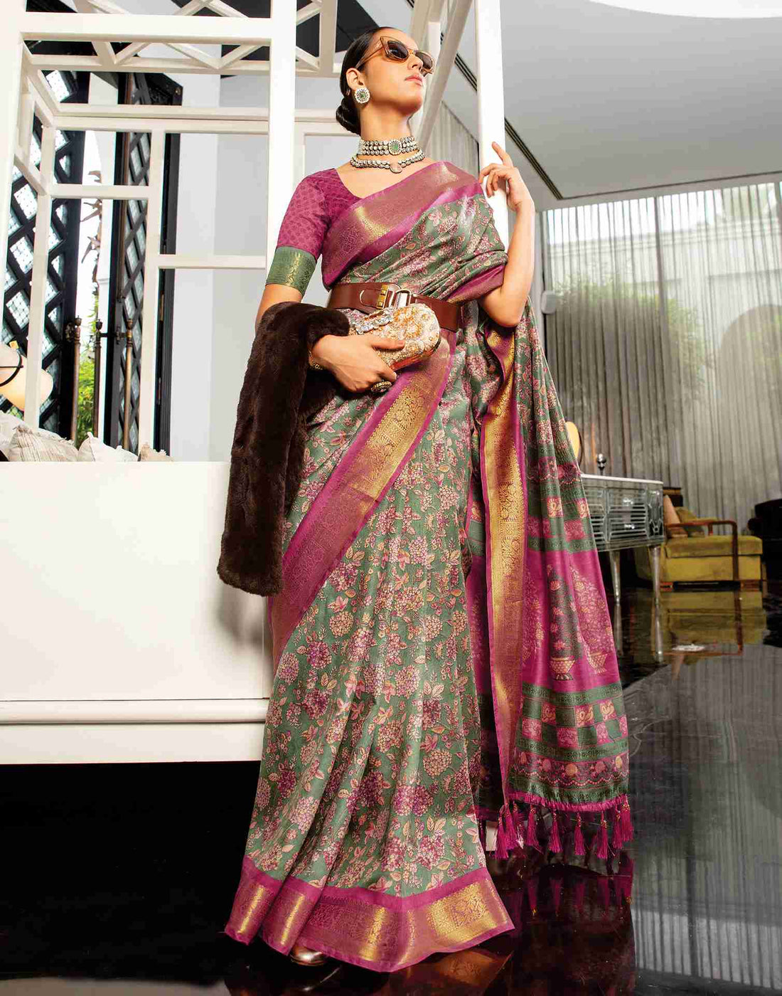 Green Cotton Woven Printed Saree