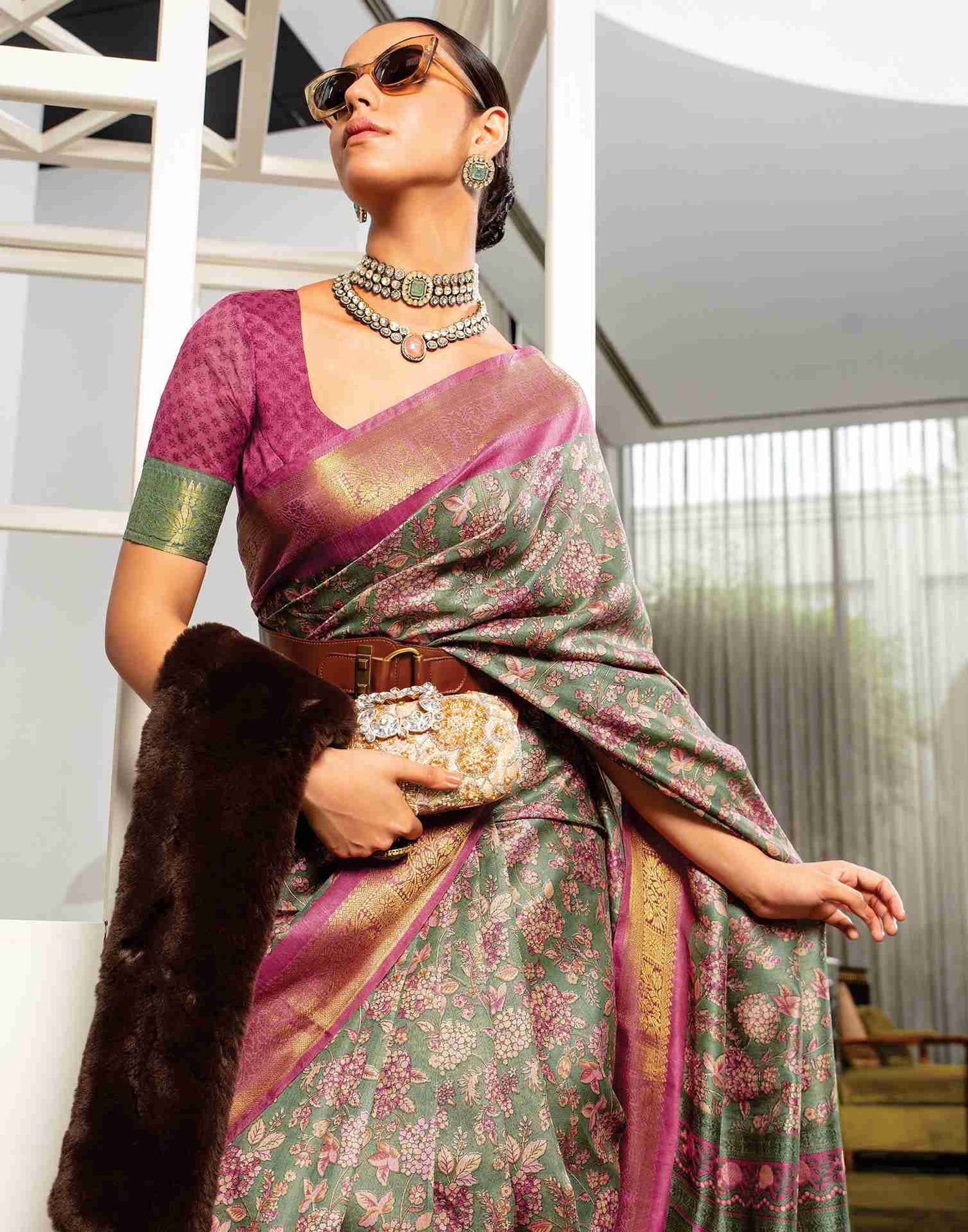 Green Cotton Woven Printed Saree