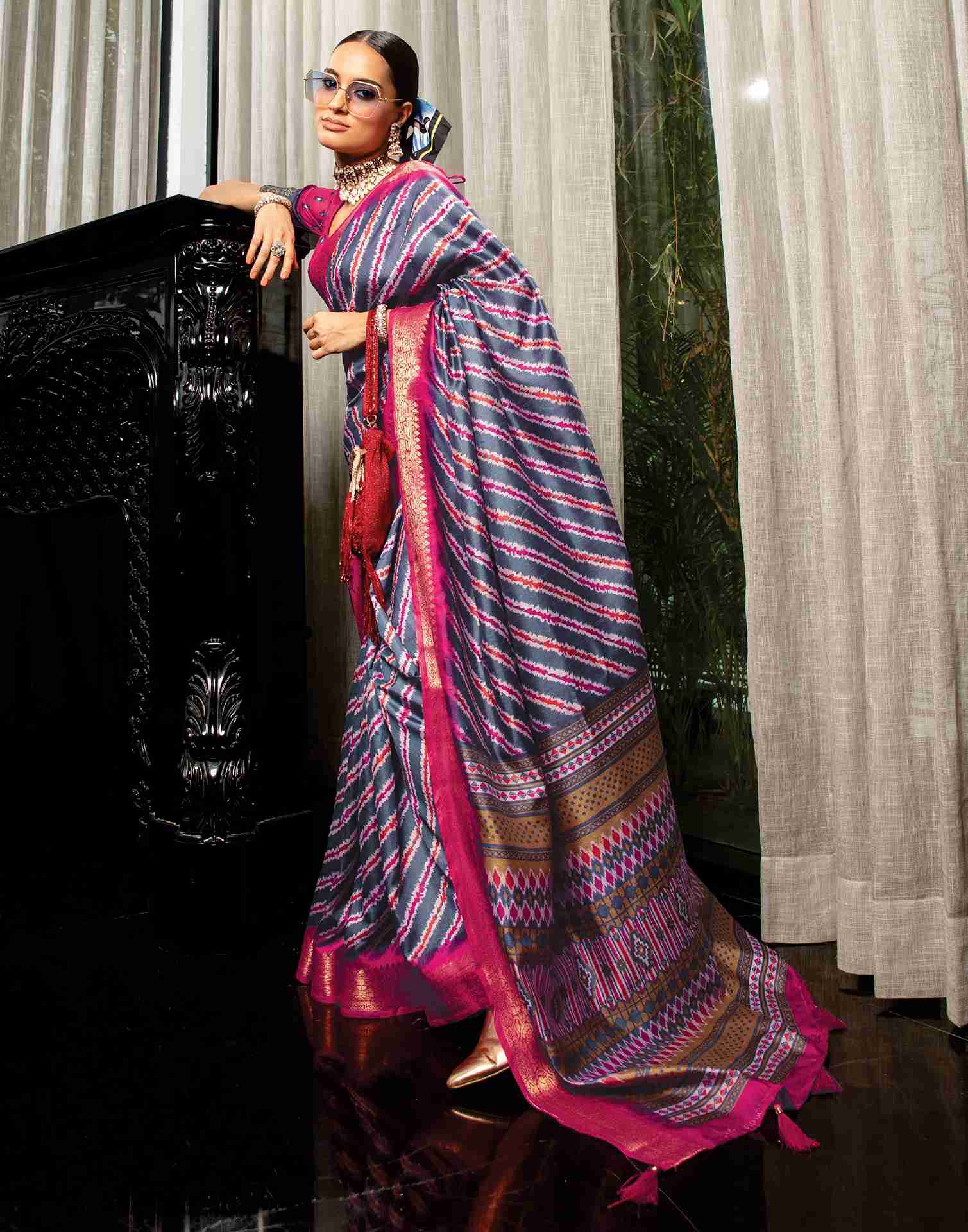 Steel Grey Cotton Woven Printed Saree