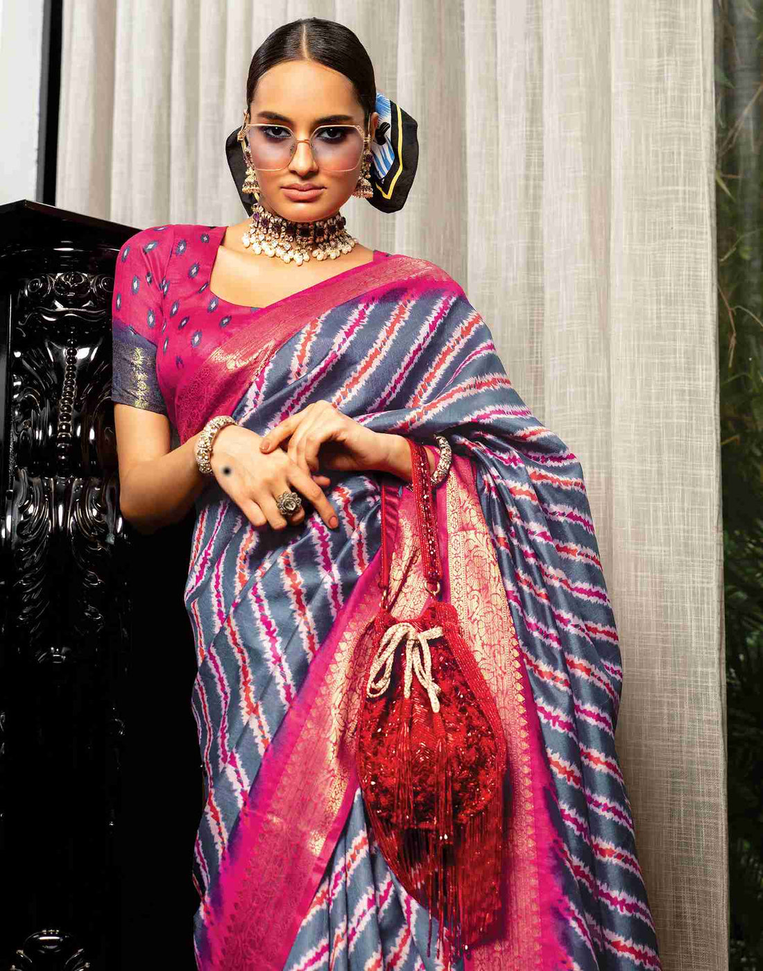 Steel Grey Cotton Woven Printed Saree