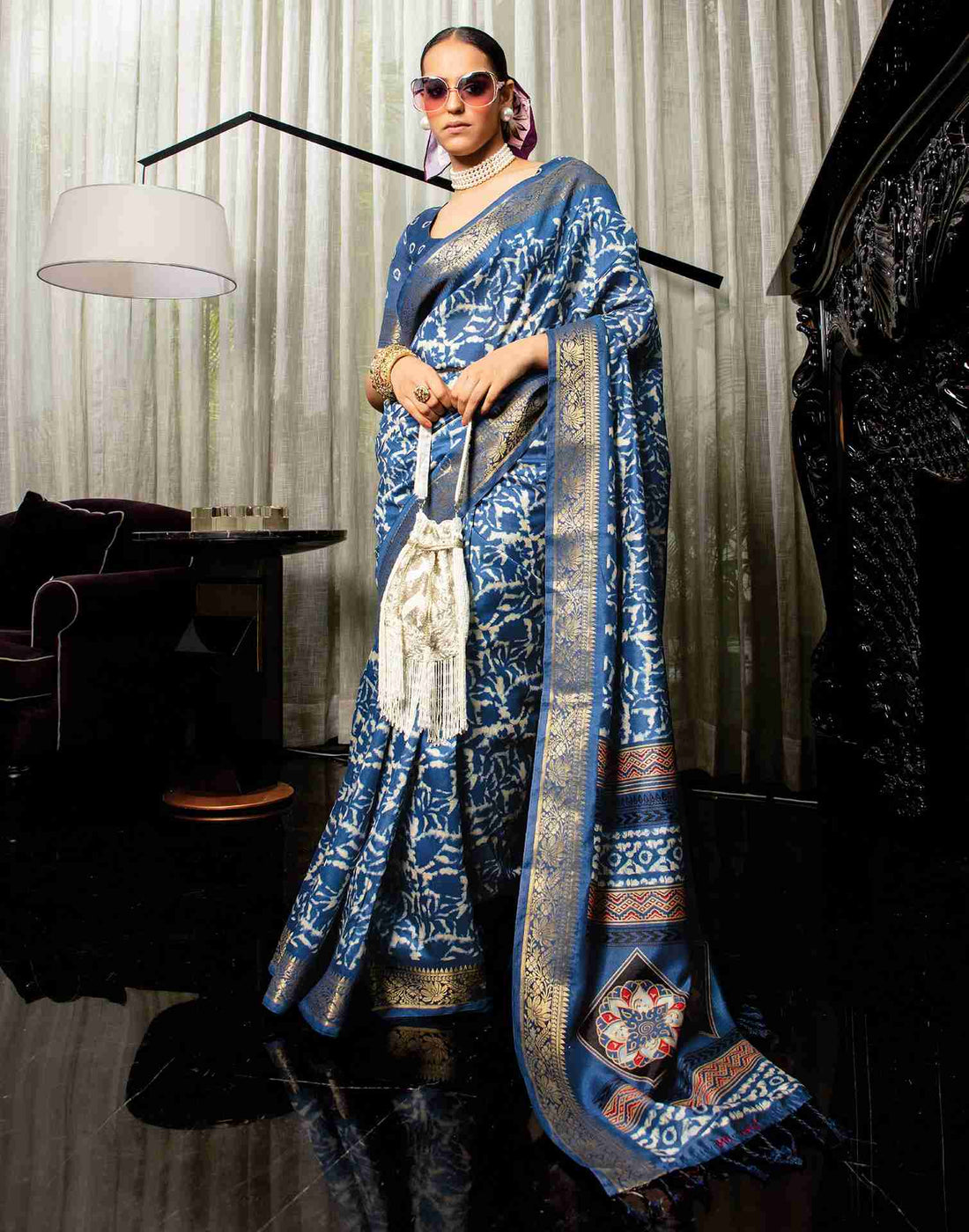 Dark Blue Cotton Woven Printed Saree