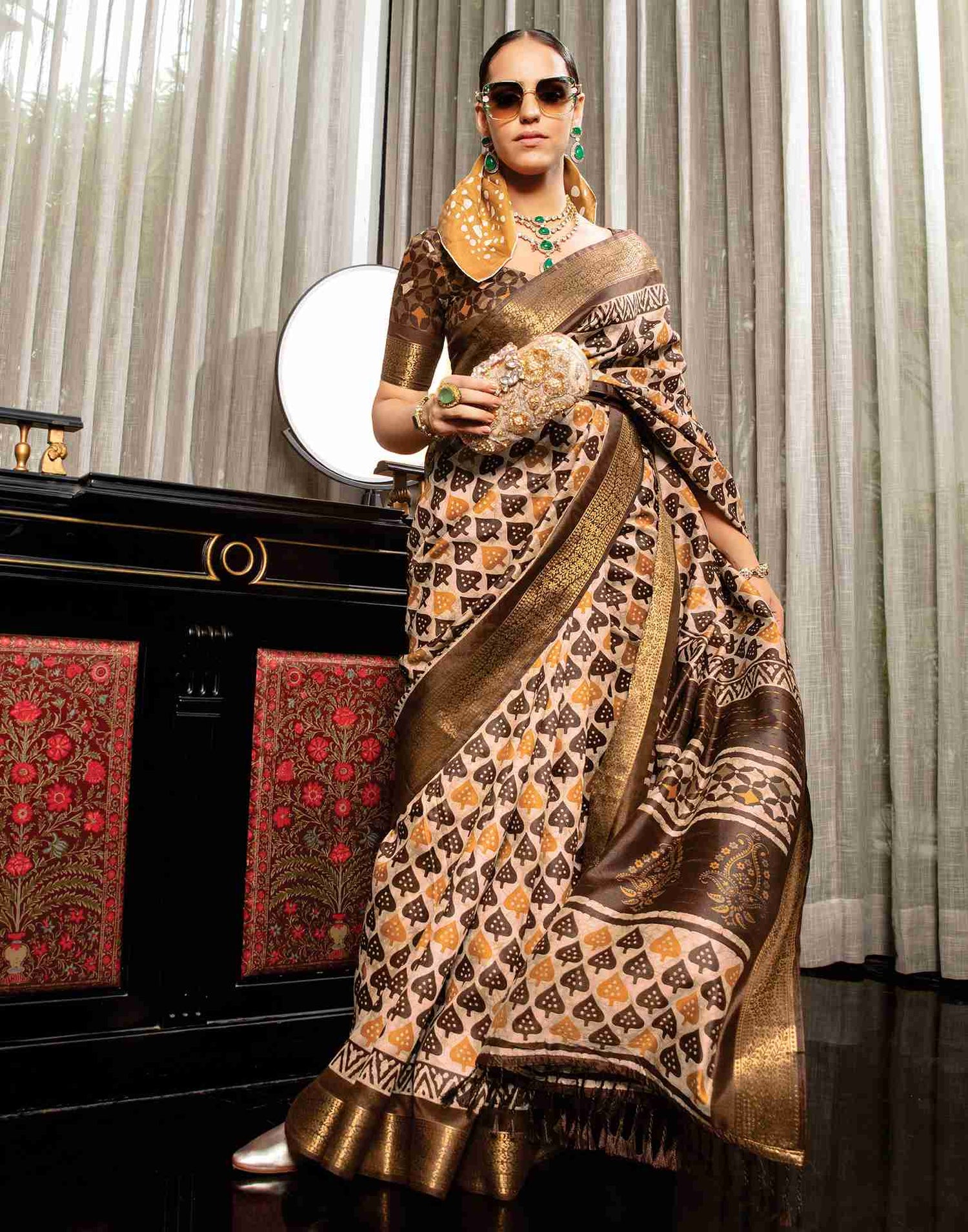 Beige Cotton Woven Printed Saree